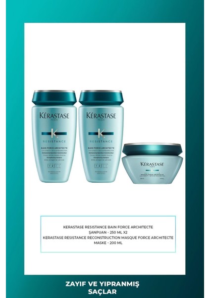 Kérastase Bain Force Architecte (1-2) 250 Ml X 2 + Resistance Extentioniste Maske 200 Ml