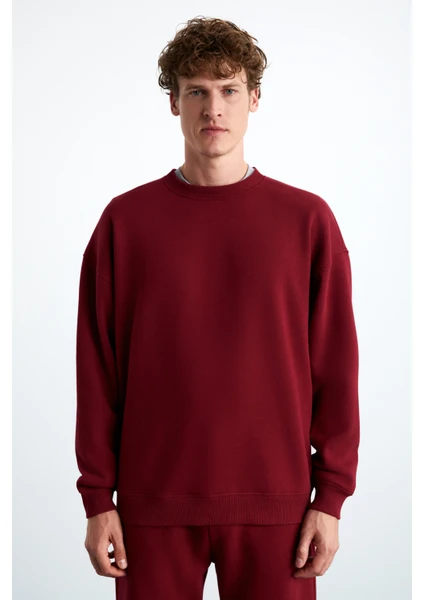 Tokyo Erkek Içi Polarlı Yumuşacık Arka Etiket Detaylı Bisiklet Yaka Oversize Kırmızı Sweatshirt