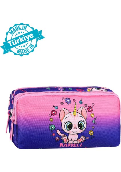 Lisanslı Mor-Pembe Kedi Desenli 2 Cepli Kalem Çantası