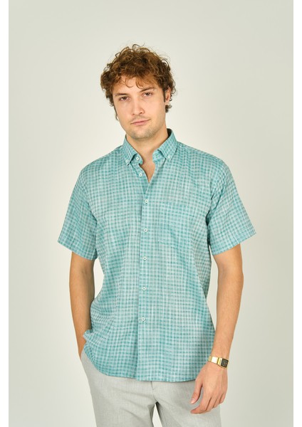 Erkek Desenli Tek Cepli Kısa Kollu %100 Pamuk Gömlek 3024 Yeşil