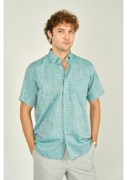 Erkek Desenli Tek Cepli Kısa Kollu %100 Pamuk Gömlek 3024 Yeşil modelleri