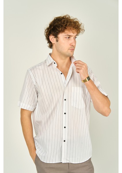 Erkek Kısa Kollu Çizgili Tek Cep %100 Pamuk Gömlek 2000 Kahverengi