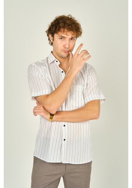 Erkek Kısa Kollu Çizgili Tek Cep %100 Pamuk Gömlek 2000 Kahverengi modelleri