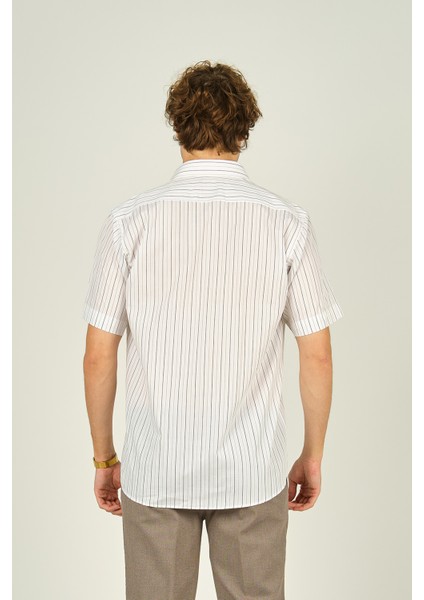 Erkek Kısa Kollu Çizgili Tek Cep %100 Pamuk Gömlek 2000 Kahverengi fırsatları