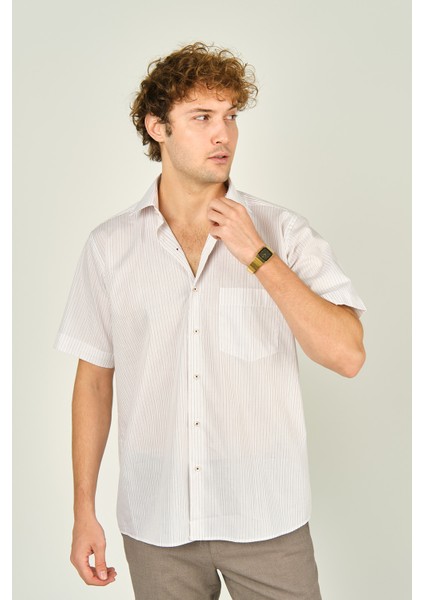 Erkek Çizgili Tek Cep Detaylı Kısa Kollu %100 Pamuk Gömlek 2003 Kırmızı