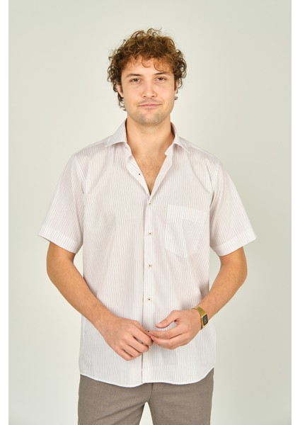 Erkek Çizgili Tek Cep Detaylı Kısa Kollu %100 Pamuk Gömlek 2003 Kırmızı modelleri