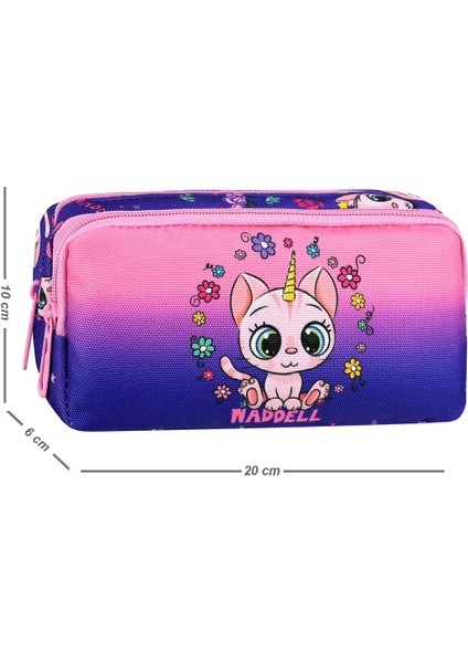 Lisanslı Mor-Pembe Kedi Desenli 2 Cepli Kalem Çantası