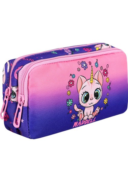 Lisanslı Mor-Pembe Kedi Desenli 2 Cepli Kalem Çantası