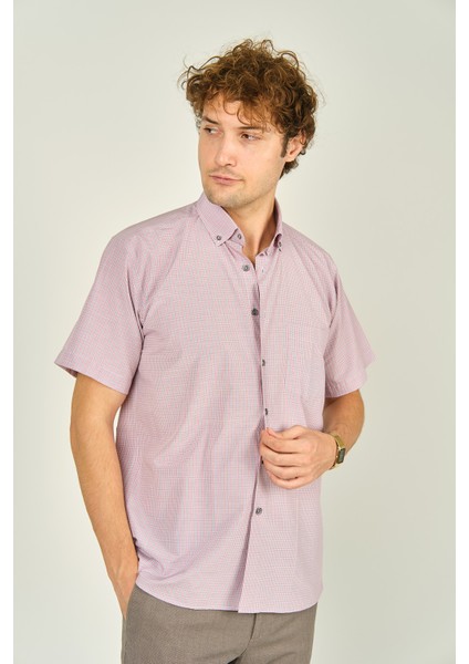 Erkek Desenli Tek Cepli Kısa Kollu Pamuklu Gömlek 3001 Kırmızı