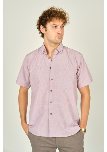 Erkek Desenli Tek Cepli Kısa Kollu Pamuklu Gömlek 3001 Kırmızı modelleri