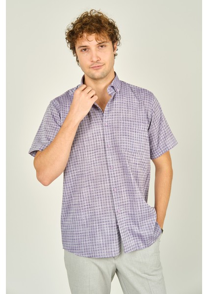 Erkek Desenli Tek Cepli Kısa Kollu %100 Pamuk Gömlek 3024 Mor fiyatları