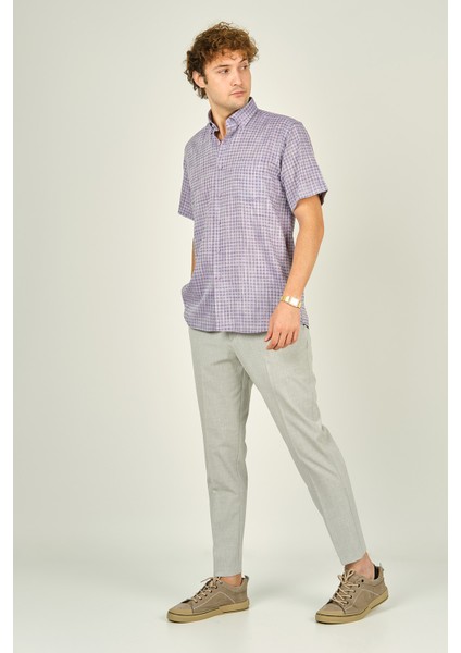 Erkek Desenli Tek Cepli Kısa Kollu %100 Pamuk Gömlek 3024 Mor modelleri