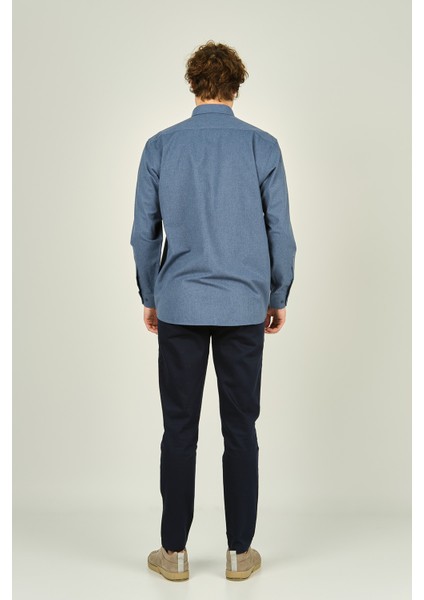 Erkek Uzun Kollu Tek Cepli %100 Pamuk Gömlek 4100 Mavi fırsatları
