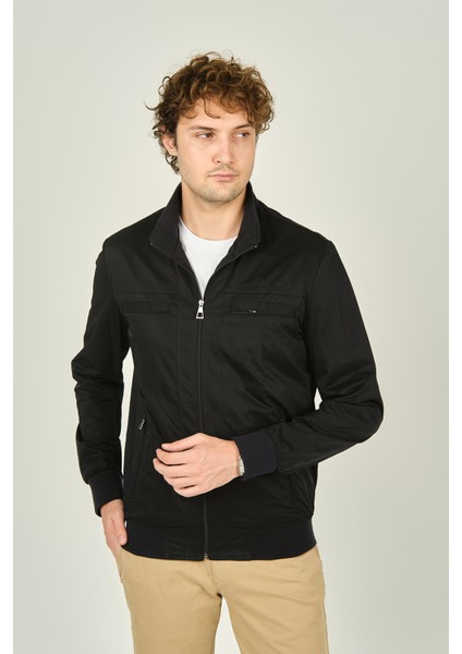 Erkek Hakim Yaka Fermuarlı Cep Detaylı Mevsimlik Spor Mont 4500 Lacivert