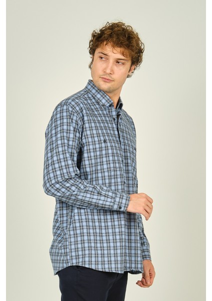 Erkek Ekoseli Uzun Kollu Çift Cepli %100 Pamuk Gömlek 1001 Mavi fiyatları