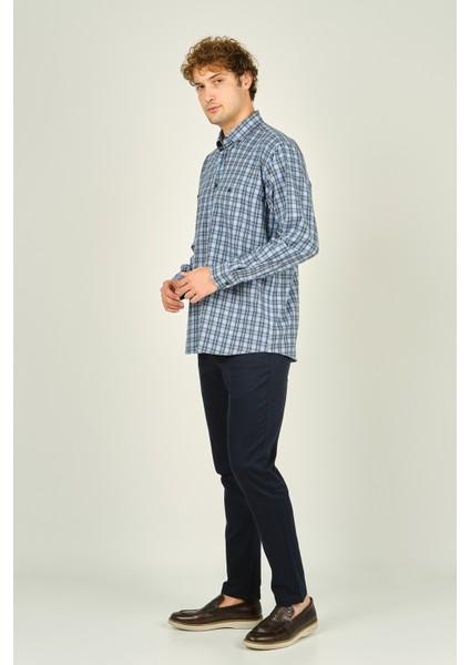Erkek Ekoseli Uzun Kollu Çift Cepli %100 Pamuk Gömlek 1001 Mavi modelleri