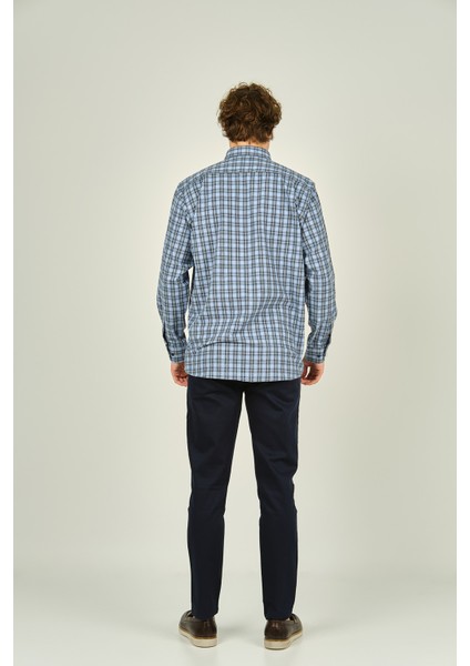 Erkek Ekoseli Uzun Kollu Çift Cepli %100 Pamuk Gömlek 1001 Mavi fırsatları