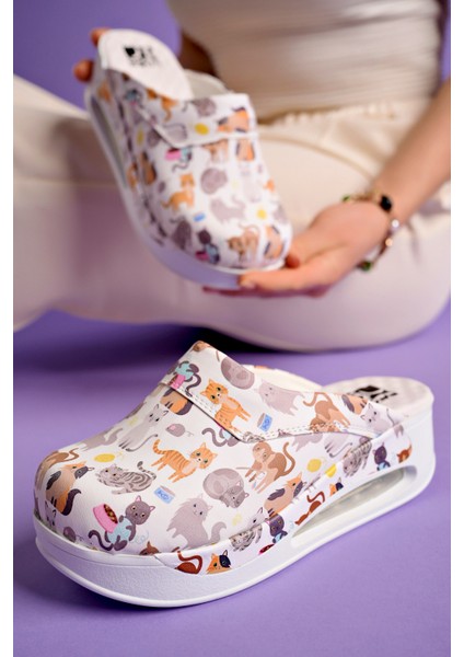 Beyaz Kedi Desenli Ortopedik Airmax Taban Sabo Terlik