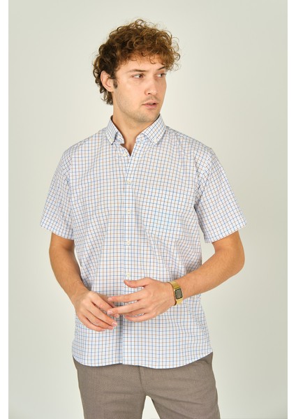 Erkek Kare Desenli Tek Cep Detaylı Kısa Kollu Pamuklu Gömlek 3007 Kahverengi