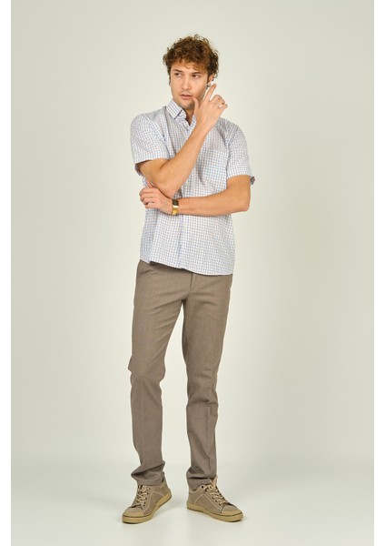 Erkek Kare Desenli Tek Cep Detaylı Kısa Kollu Pamuklu Gömlek 3007 Kahverengi modelleri