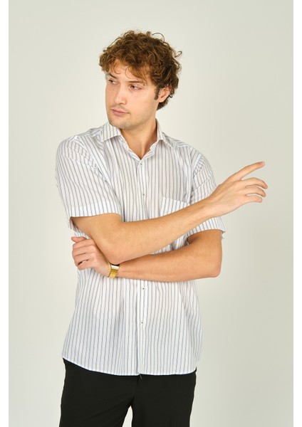 Erkek Çizgili Tek Cep Detaylı Kısa Kollu %100 Pamuk Gömlek 2001 Mavi fiyatları