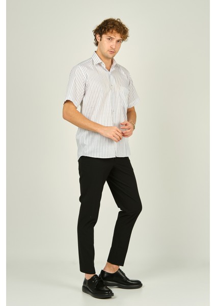 Erkek Çizgili Tek Cep Detaylı Kısa Kollu %100 Pamuk Gömlek 2001 Mavi modelleri