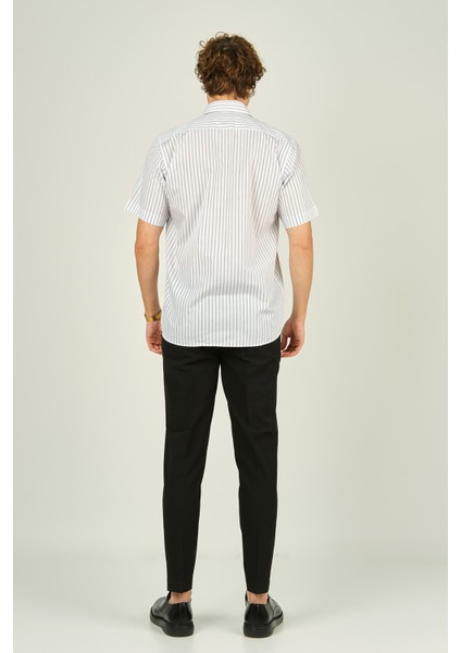 Erkek Çizgili Tek Cep Detaylı Kısa Kollu %100 Pamuk Gömlek 2001 Mavi fırsatları