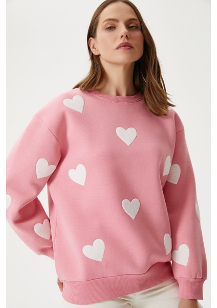 Kadın Love Kalp Nakışlı Pembe Sweatshirt