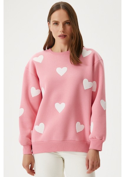 Kadın Love Kalp Nakışlı Pembe Sweatshirt