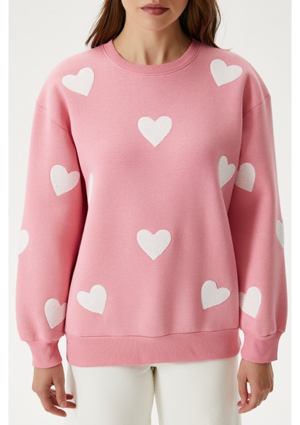 Kadın Love Kalp Nakışlı Pembe Sweatshirt