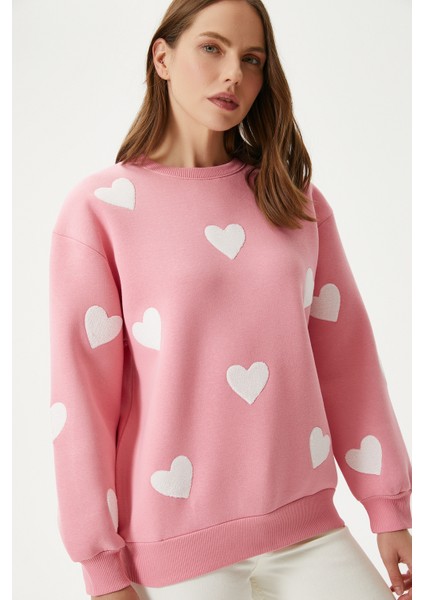 Kadın Love Kalp Nakışlı Pembe Sweatshirt