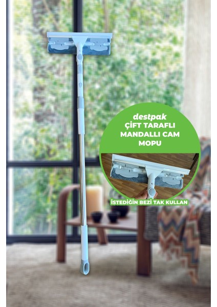 Mandallı Cam Mopu ve Tak- Kullan Bezi Seti, Beyaz, Teleskopik Sap ile kolay kullanımlı