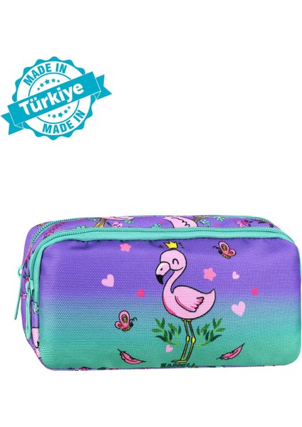 Lisanslı Su Yeşili-Lila Flamingo Desenli 2 Cepli Kalem Çantası