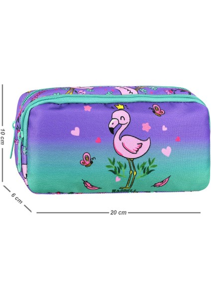 Lisanslı Su Yeşili-Lila Flamingo Desenli 2 Cepli Kalem Çantası