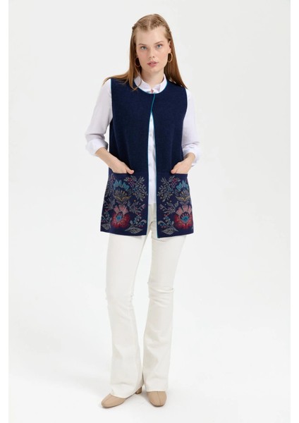Kadın Triko Önü Açık Araboy Yün Yelek 24076 Y.a. Lacivert fiyatları