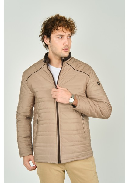 Erkek Dik Yaka Deri Biyeli Kapitone Mont 4706 Camel fiyatları