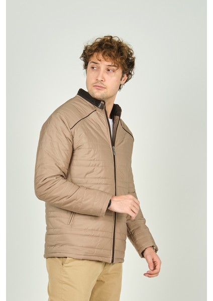 Erkek Dik Yaka Deri Biyeli Kapitone Mont 4706 Camel modelleri