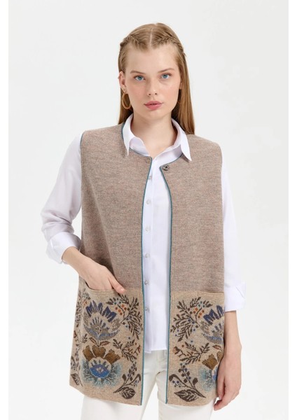 Kadın Triko Önü Açık Araboy Yün Yelek 24076 K. Bej