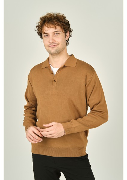 Erkek Polo Yaka Düğmeli Yün Kazak 6091023 Camel