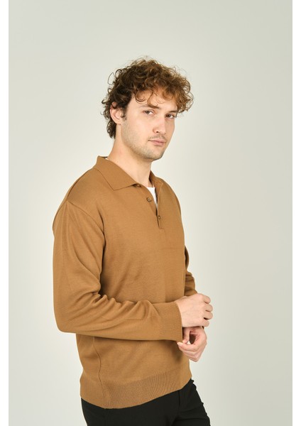 Erkek Polo Yaka Düğmeli Yün Kazak 6091023 Camel