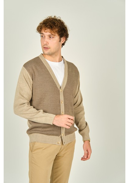 Erkek Cep Detaylı V Yaka Yün Hırka 4490 Bej