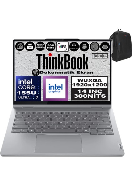 Thinkbook 14 2-In-1 G4 Iml Intel Core Ultra 7 155U 16GB Ddr5 4tb SSD 14" Dokunmatik Wuxga 300NITS IPS Freedos Taşınabilir Bilgisayar 21MX002VTRF04 + Zetta Çanta