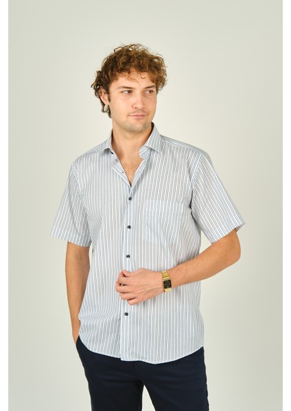 Erkek Tek Cep Detaylı Çizgili Kısa Kollu %100 Pamuk Gömlek 2002 Yeşil