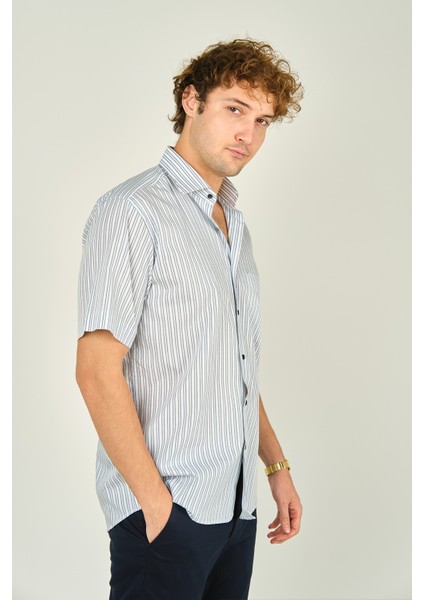 Erkek Tek Cep Detaylı Çizgili Kısa Kollu %100 Pamuk Gömlek 2002 Yeşil fiyatları