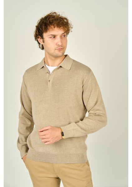 Erkek Polo Yaka Düğmeli Yün Kazak 6091023 Bej