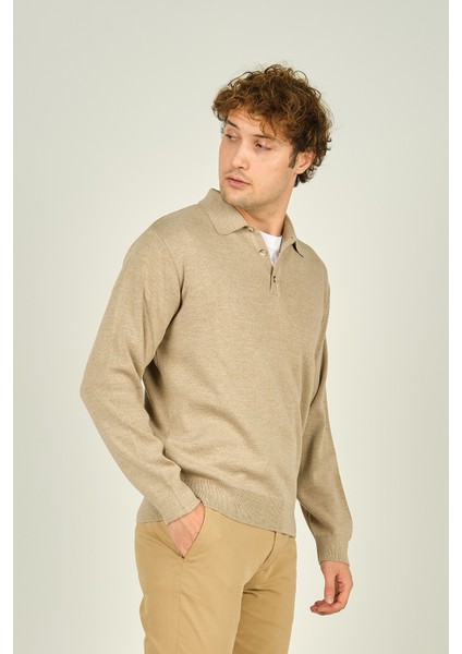 Erkek Polo Yaka Düğmeli Yün Kazak 6091023 Bej modelleri