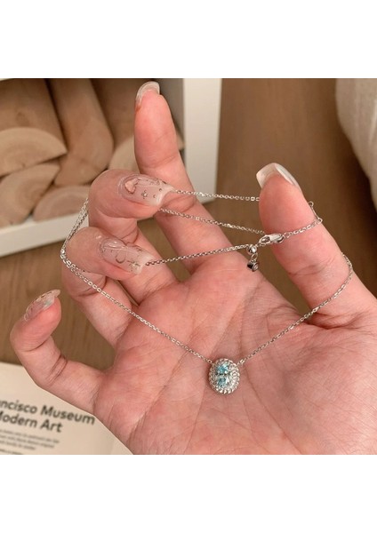 Okyanus Mavisi Aytaşı S925 Ayar Gümüş Mücevher Çok Yönlü Kolye Kadın Ins Tarzı Geometrik Oval Üst Düzey Niş Klavikula Zinciri (Yurt Dışından)