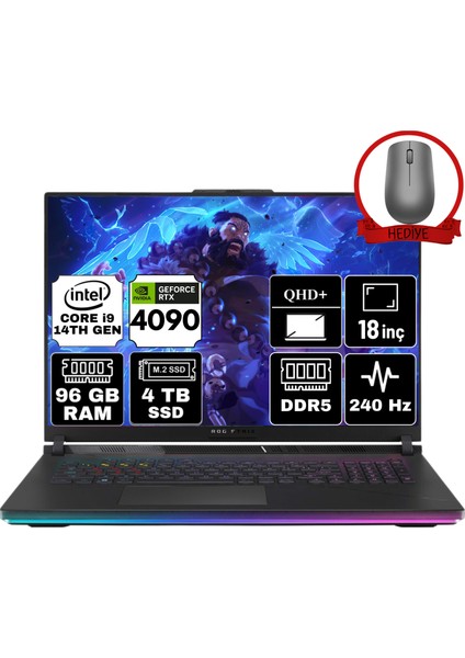 Rog Strıx Scar 18 Intel Core I9-14900HX 96GB 4tb SSD RTX4090/16GB 18" Qhd+ 240Hz W11H Taşınabilir Bilgisayar G834JYR-N6100-A64 & Anzar Mouse