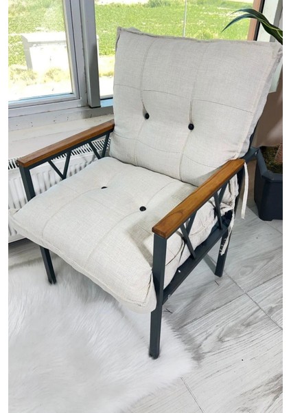 Miray 311 Masalı Krem Fermuarlı Bahçe Balkon Takımı, Salon, Teras- Berjer Düğmeli Metal Çay Seti