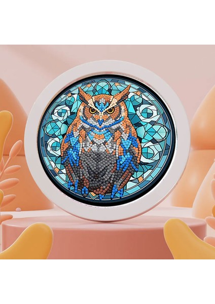 5d Elmas Taş Işleme Kiti 20 x 20 cm Yuvarlak Çerçeveli Baykuş Desen